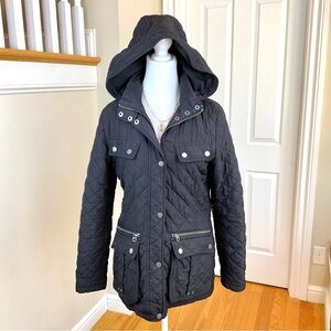 Tommy Hilfiger Jacket Coat Y2K Quilted Black Removable Hood Pockets Logo (S)